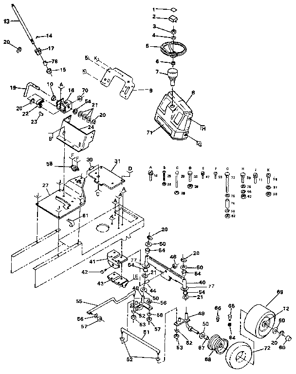 Steering Assembly Diagram and Parts List for 917254551  Craftsman Lawn Tractor
