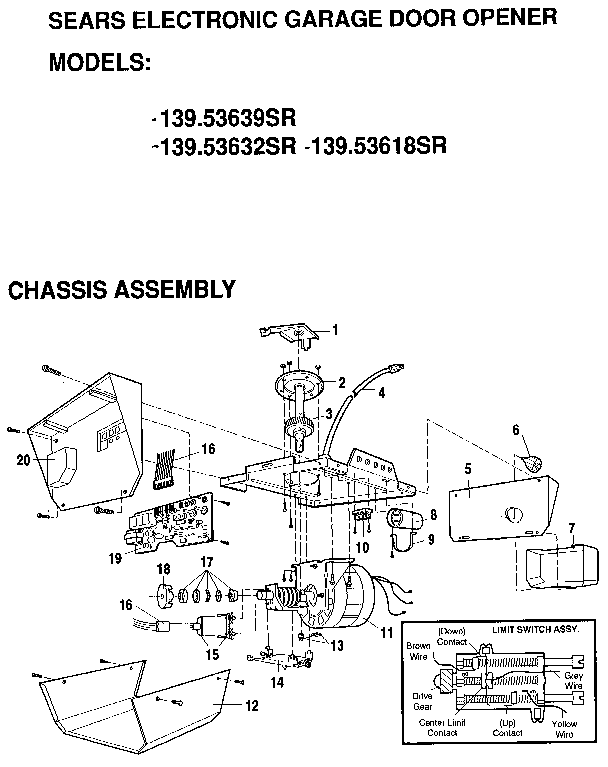 Chassis Assembly Diagram and Parts List for 13953618SR  Craftsman Garage Door Opener