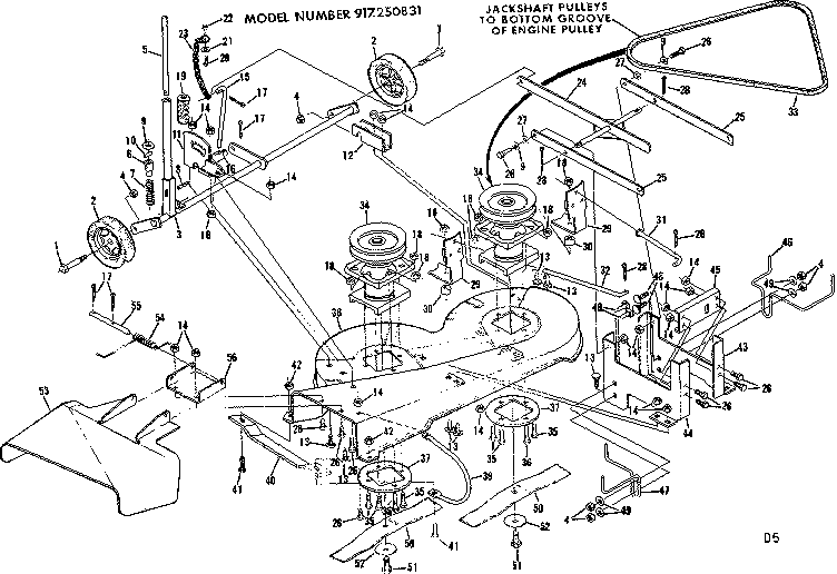 Mower Deck Diagram and Parts List for 917250831-1977  Craftsman Lawn Tractor