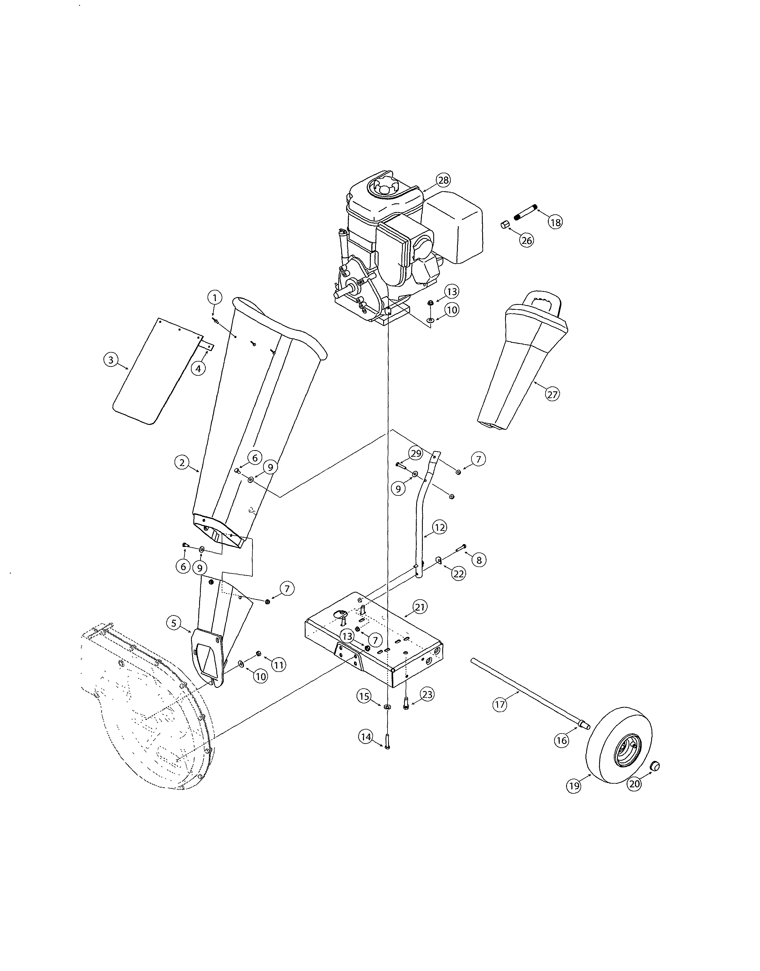 Engine/chute/frame Diagram and Parts List for 247776051  Craftsman Chipper Shredder