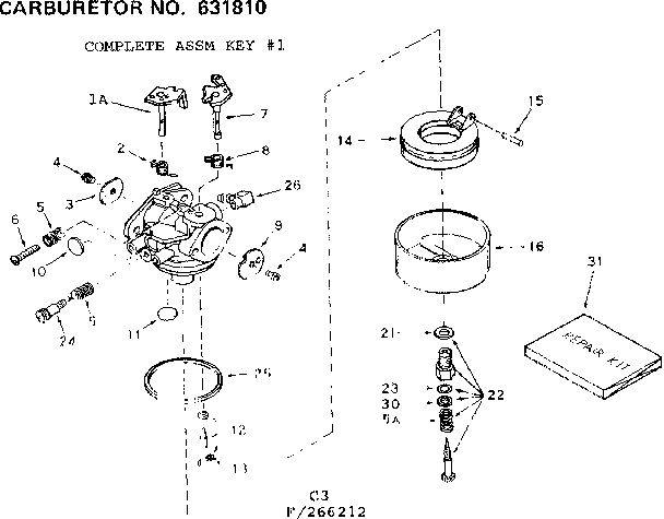 Carburetor Diagram and Parts List for 143266212  Craftsman Engine