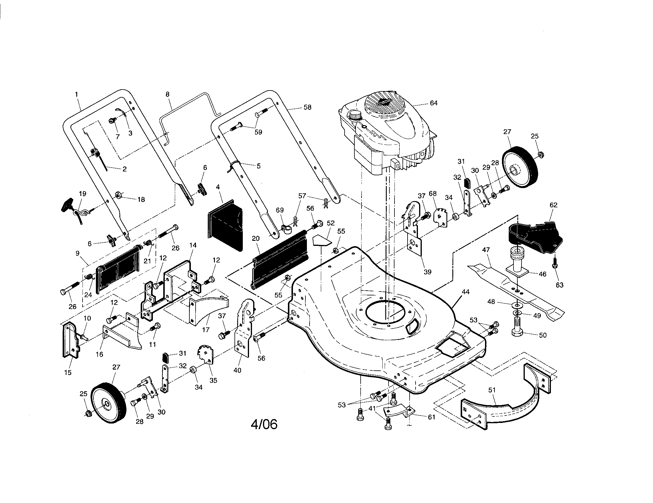 Engine/housing/handle Diagram and Parts List for 917376053  Craftsman Lawn Mower