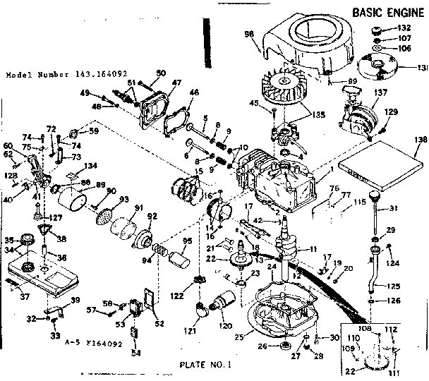 Basic Engine Diagram and Parts List for 143164092  Craftsman Engine