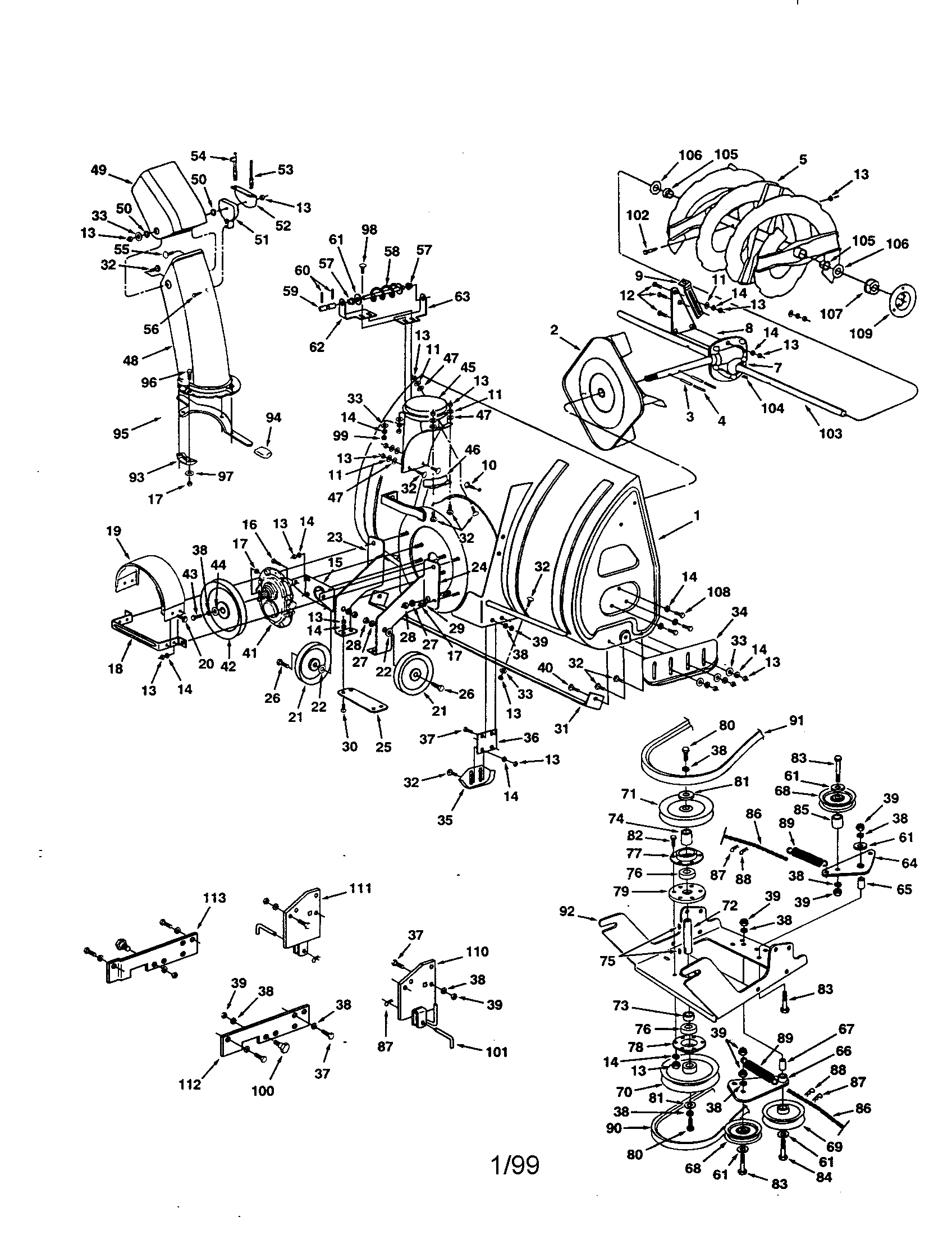 Main Frame Diagram and Parts List for 486248460  Craftsman Snow Blower
