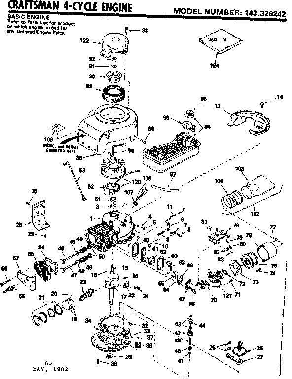 Replacement Parts Diagram and Parts List for 143326242  Craftsman Engine