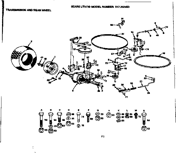 Transmission & Rear Wheel Diagram and Parts List for 917252653  Craftsman Lawn Tractor