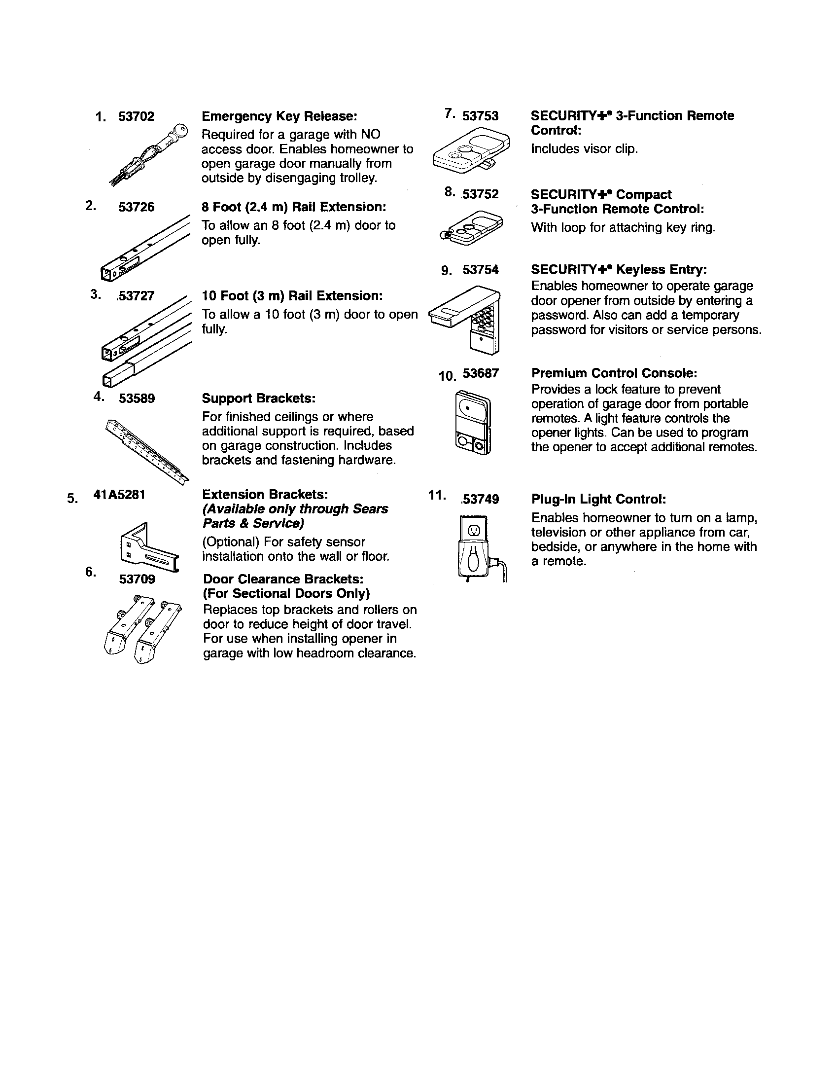 Accessories Diagram and Parts List for 13953910D  Craftsman Garage Door Opener