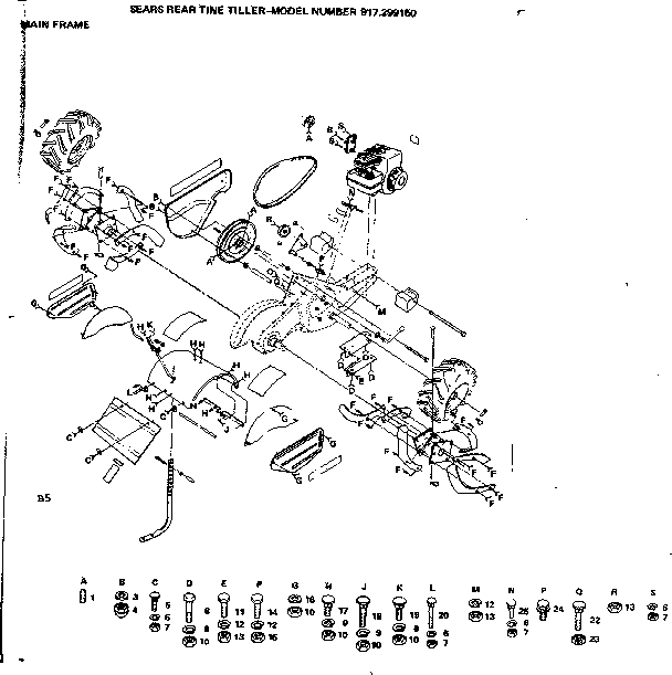 Main Frame Diagram and Parts List for 917299150  Craftsman Tiller