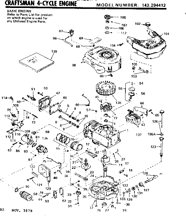 Replacement Parts Diagram and Parts List for 143294412  Craftsman Engine