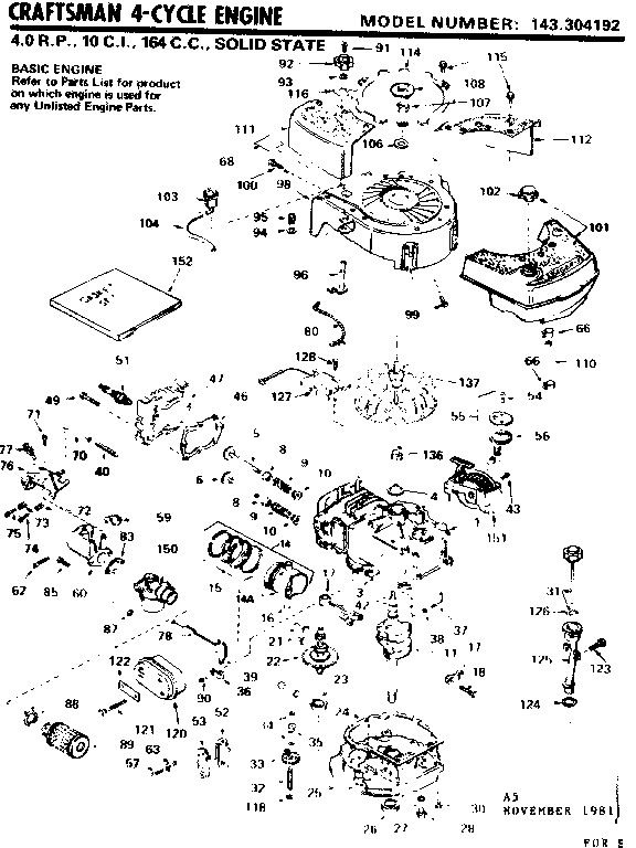 Replacement Parts Diagram and Parts List for 143304192  Craftsman Engine