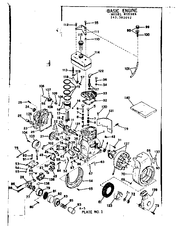 Basic Engine Diagram and Parts List for 143561042  Craftsman Engine