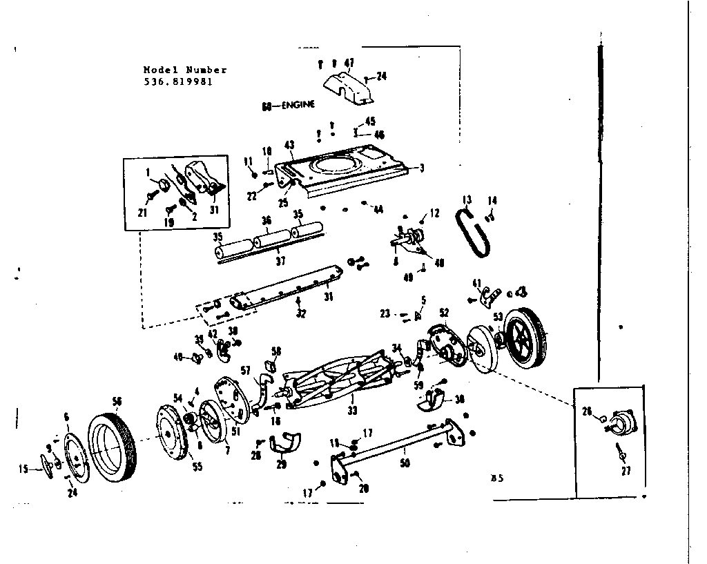 Base Assembly Diagram and Parts List for 536819981  Craftsman Lawn Mower