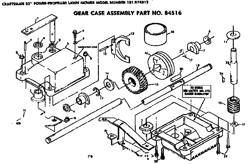 Gear Case Assembly Diagram and Parts List for 131974312  Craftsman Lawn Mower