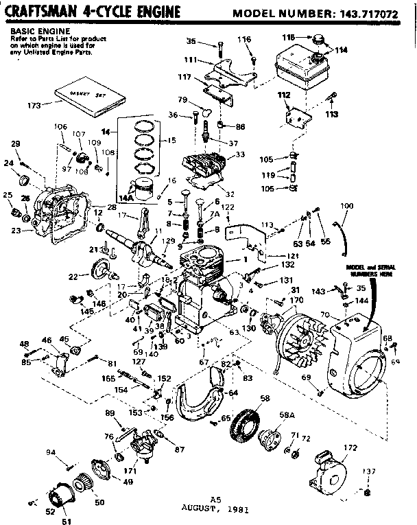 Replacement Parts Diagram and Parts List for 143717072  Craftsman Engine
