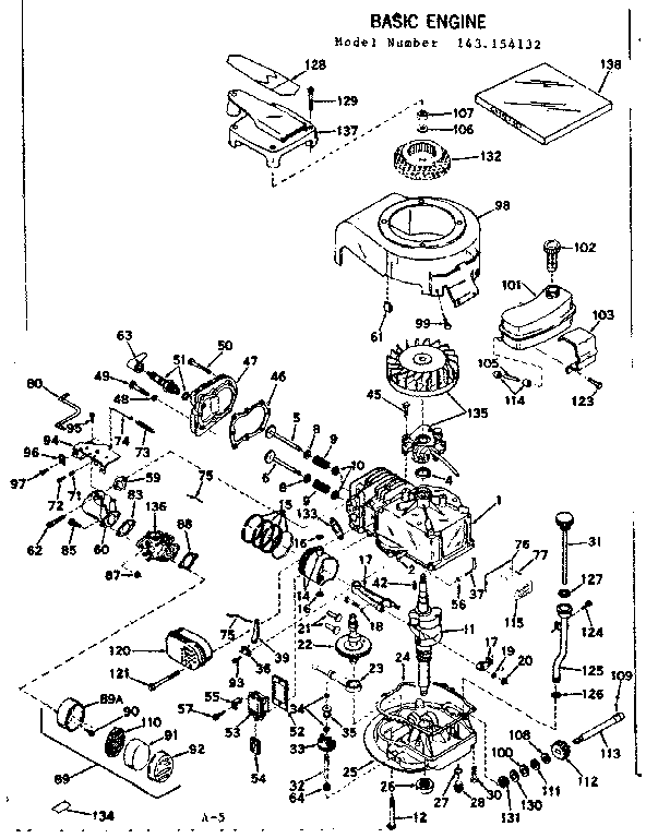 Basic Engine Diagram and Parts List for 143154132  Craftsman Engine