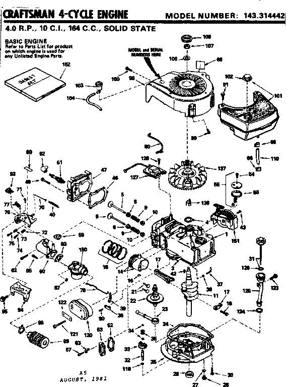 Replacement Parts Diagram and Parts List for 143314442  Craftsman Engine