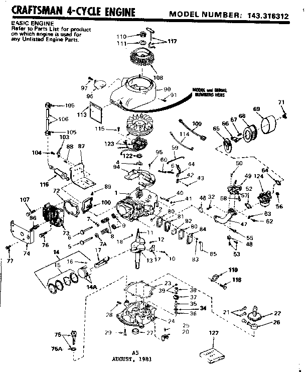 Replacement Parts Diagram and Parts List for 143316312  Craftsman Engine