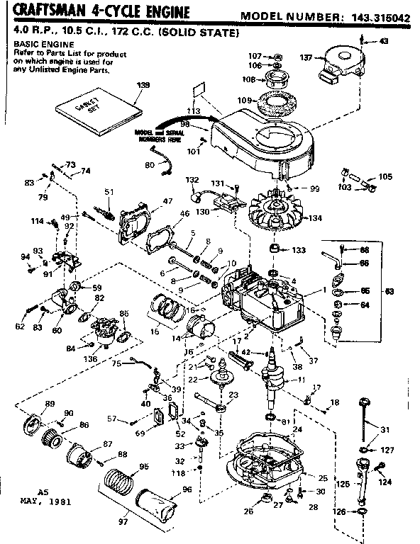 Replacement Parts Diagram and Parts List for 143315042  Craftsman Engine