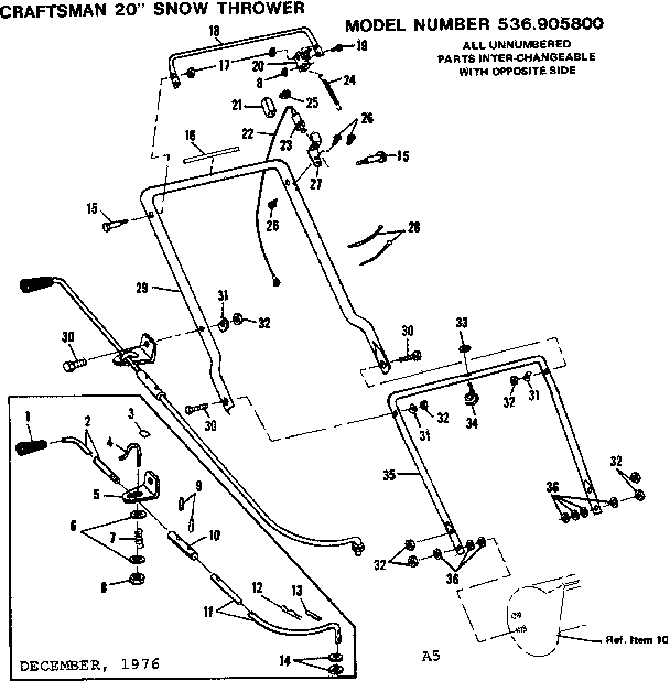 Handle Assembly Diagram and Parts List for 536905800  Craftsman Snow Blower