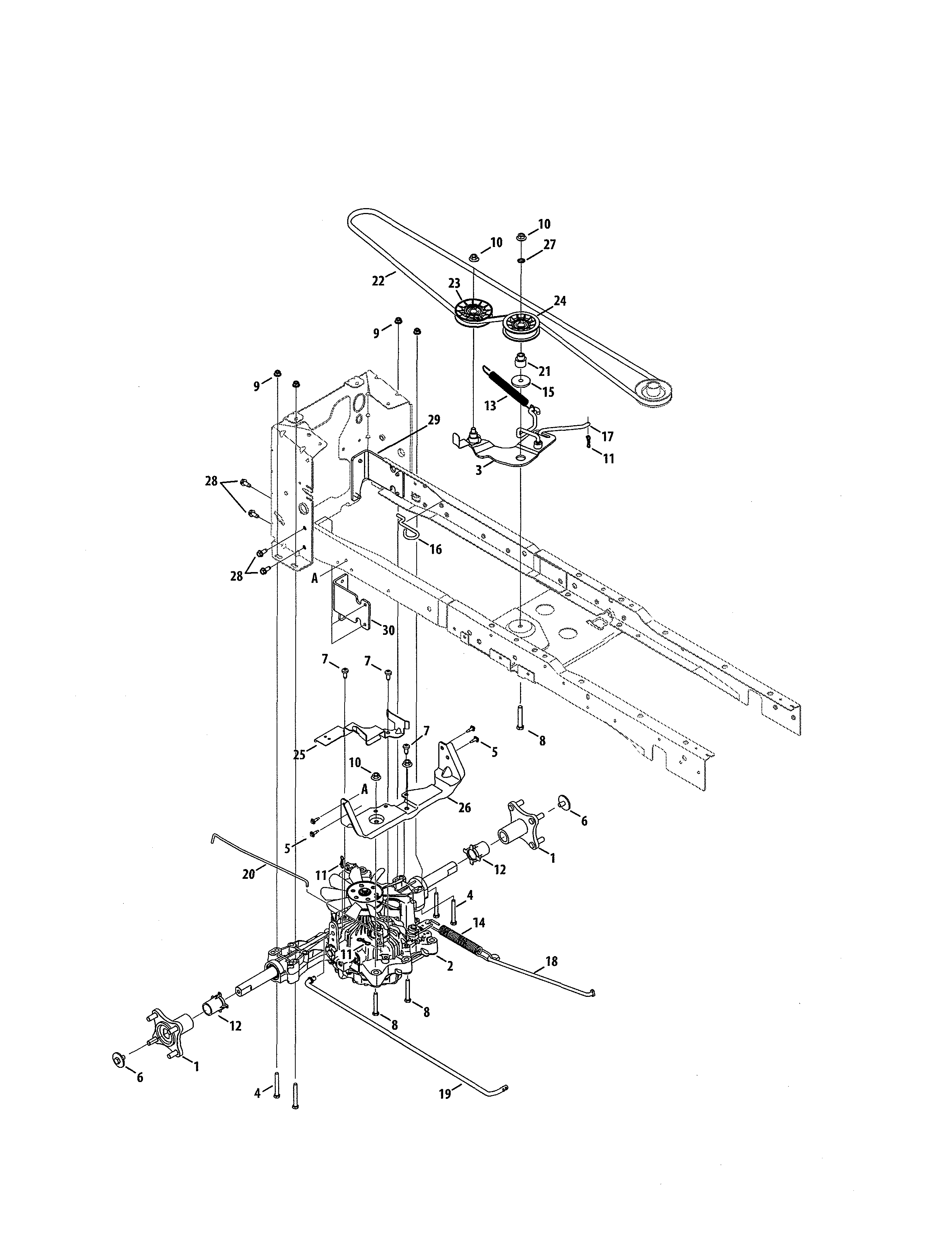 Transmission/pulley Diagram and Parts List for 247204450  Craftsman Lawn Tractor