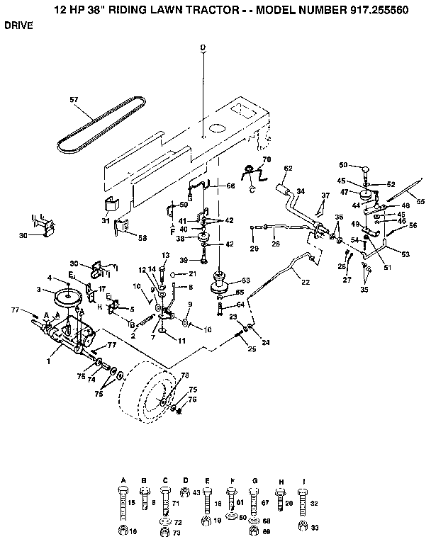 Drive Diagram and Parts List for 917255560  Craftsman Lawn Tractor