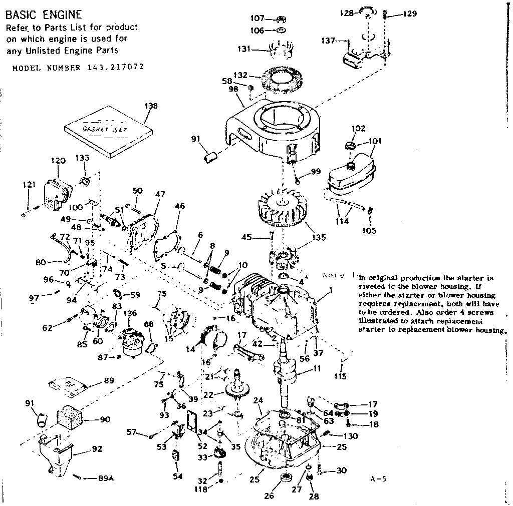 Basic Engine Diagram and Parts List for 143217072  Craftsman Engine
