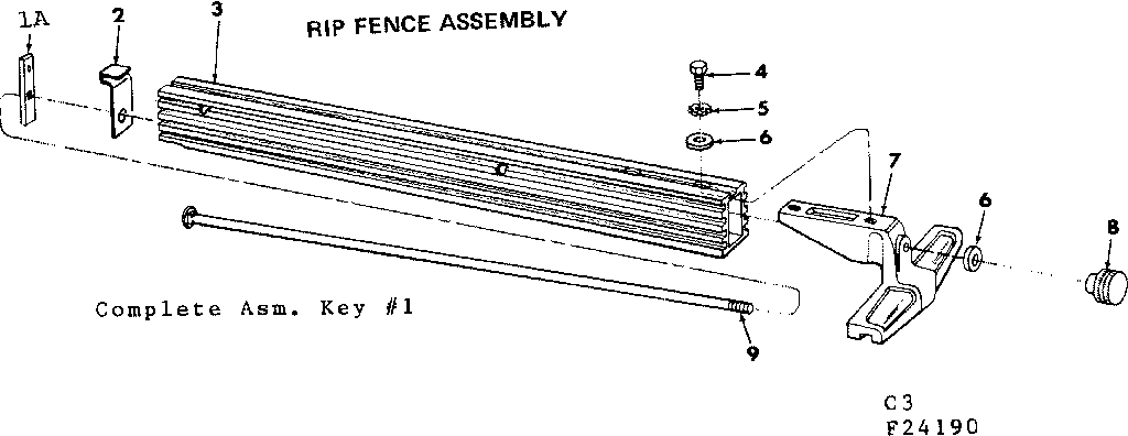 Rip Fence Assembly Diagram and Parts List for 11324190  Craftsman Power Motor