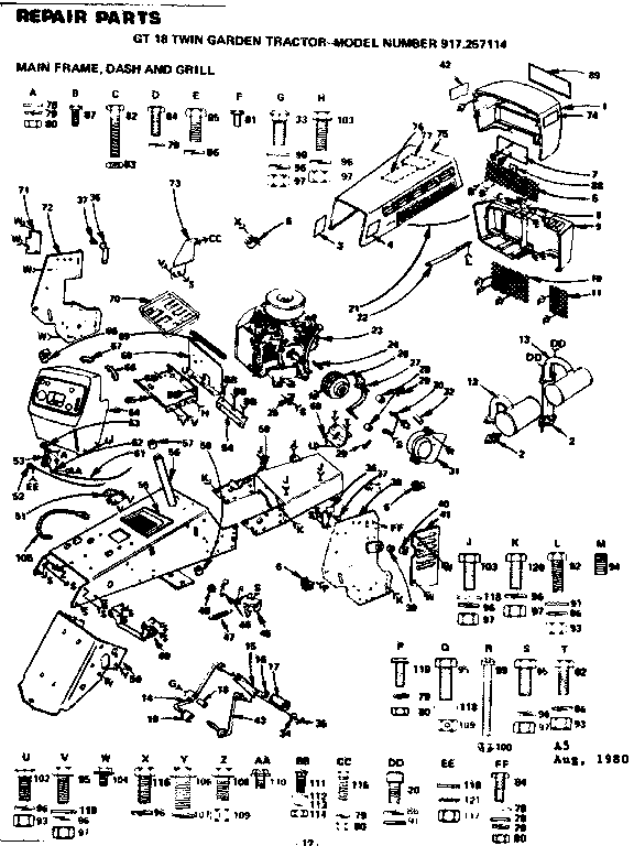 Main Frame/ Dash And Grill Diagram and Parts List for 917257114  Craftsman Lawn Tractor