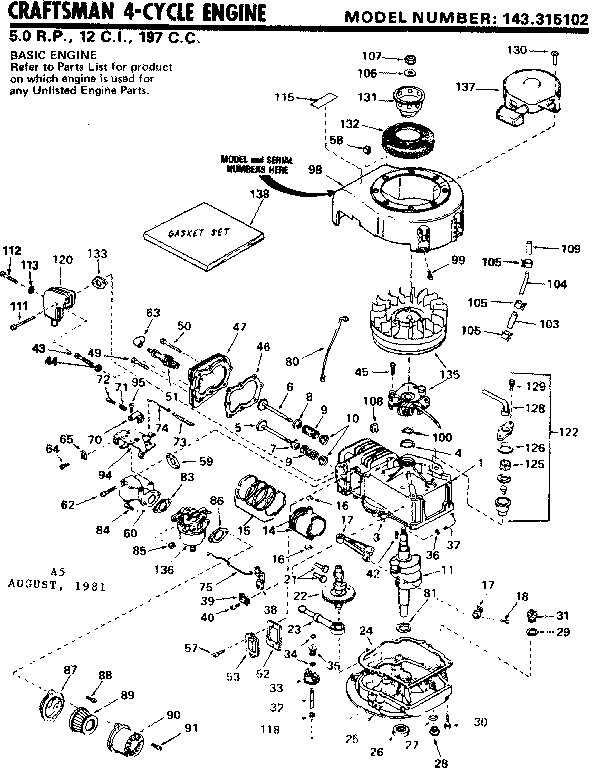 Replacement Parts Diagram and Parts List for 143315102  Craftsman Engine
