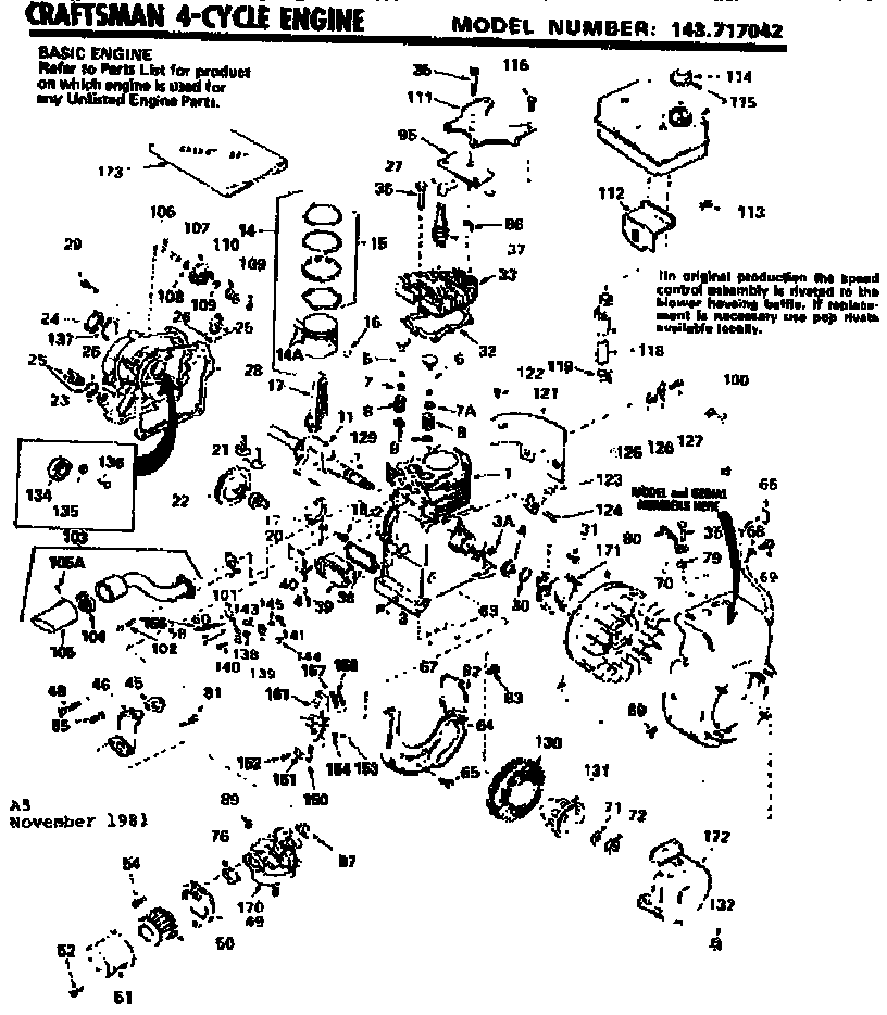 Replacement Parts Diagram and Parts List for 143717042  Craftsman Engine