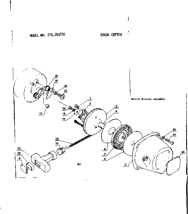 Recoil Starter Assembly Diagram and Parts List for 271281510  Craftsman Trimmer