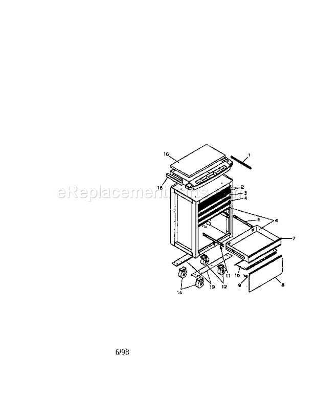 6 Drawer Diagram and Parts List for 706651681  Craftsman Workbench