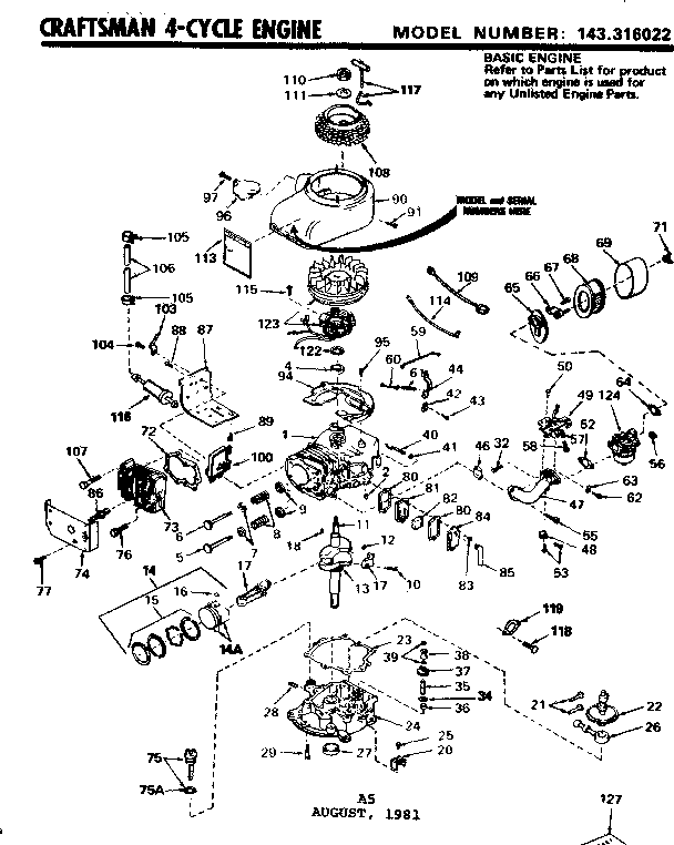 Replacement Parts Diagram and Parts List for 143316022  Craftsman Engine