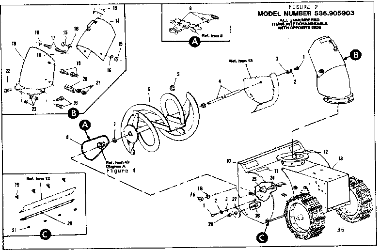 Chute And Impeller Assembly Diagram and Parts List for 536905903  Craftsman Snow Blower