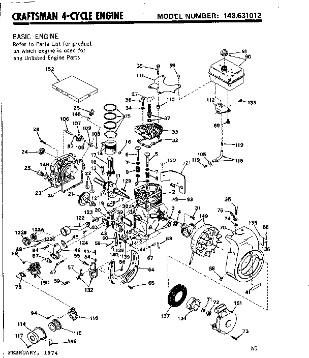 Replacement Parts Diagram and Parts List for 143631012  Craftsman Engine