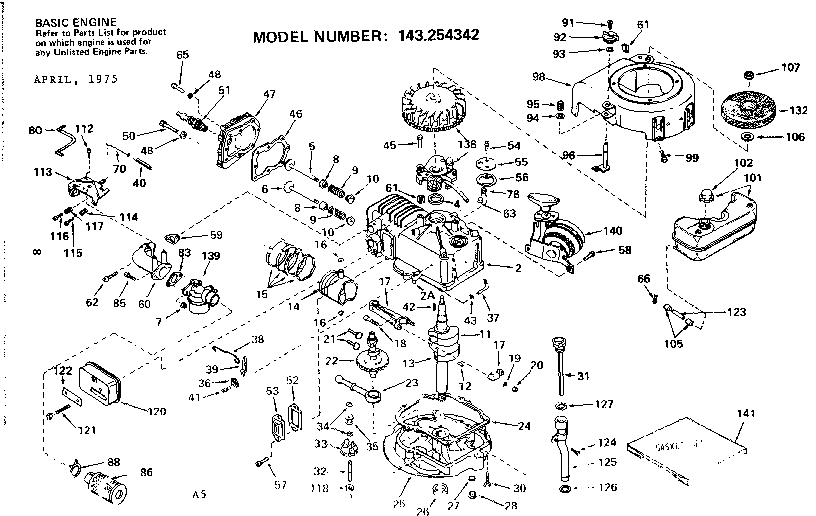 Replacement Parts Diagram and Parts List for 143254342  Craftsman Engine