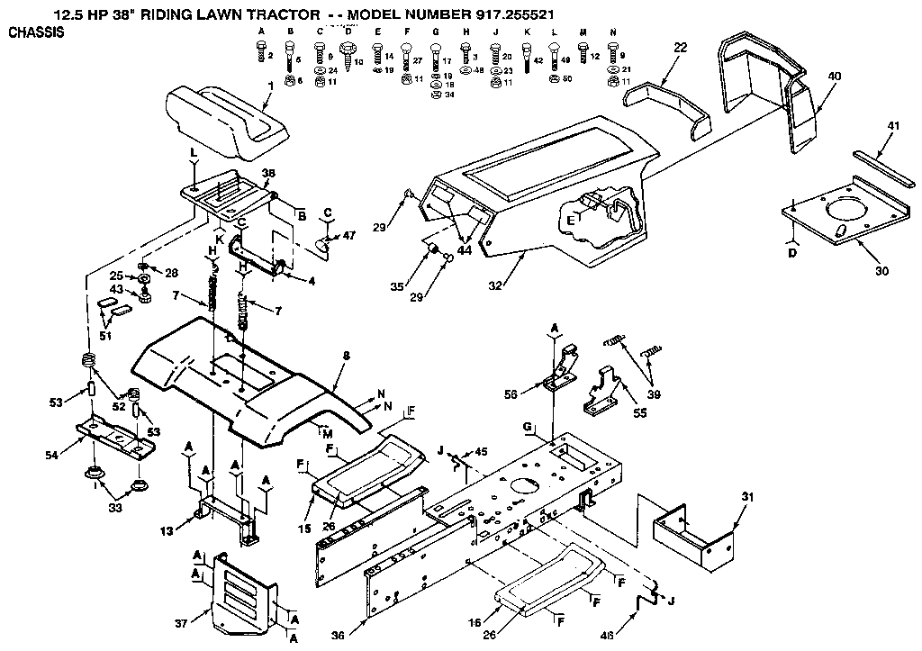Chassis Diagram and Parts List for 917255521  Craftsman Lawn Tractor