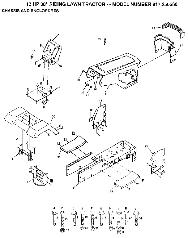 Chassis And Enclosures Diagram and Parts List for 917255560  Craftsman Lawn Tractor