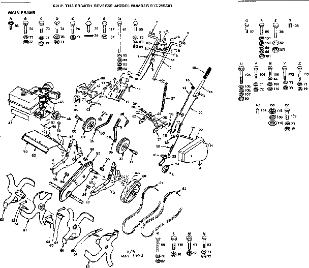 Main Frame Diagram and Parts List for 917299381  Craftsman Tiller