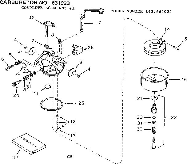 Carburetor Diagram and Parts List for 143665022  Craftsman Engine