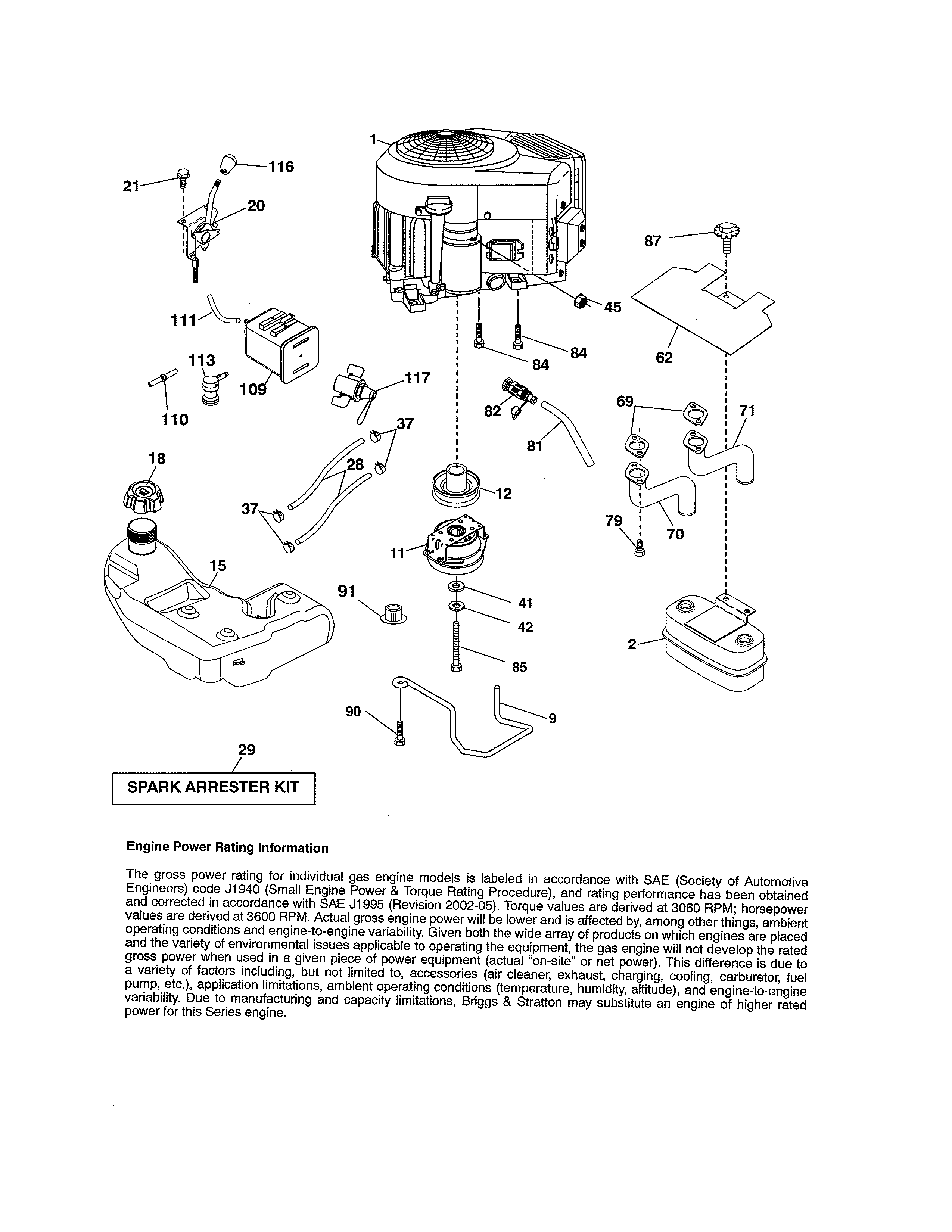 Engine Diagram and Parts List for 917204041  Craftsman Lawn Tractor