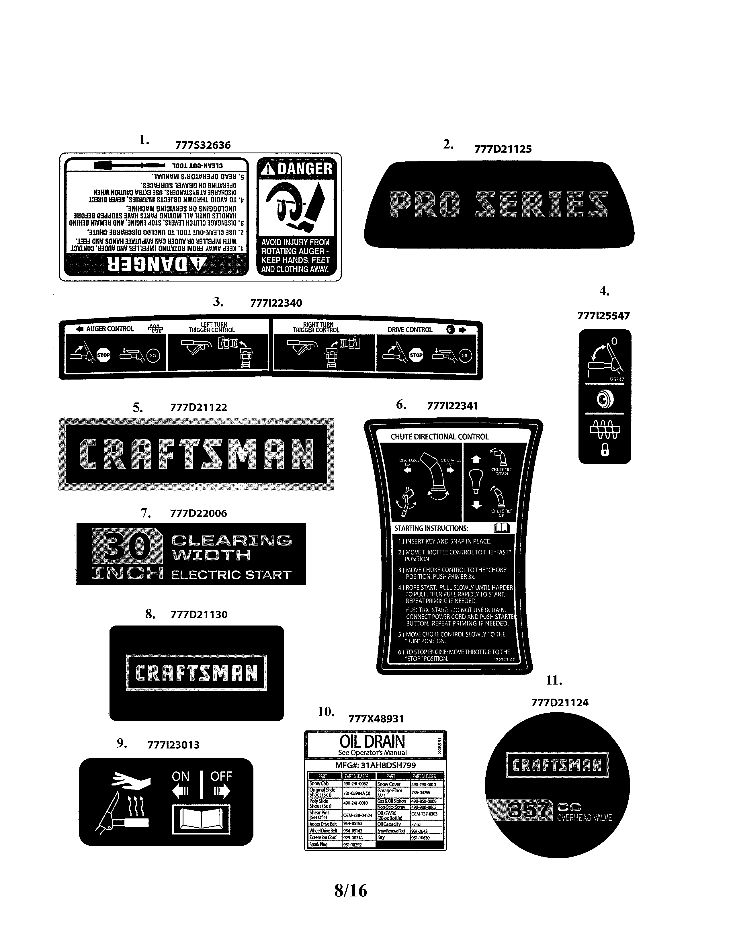 Decals Diagram and Parts List for 247889760  Craftsman Snow Blower