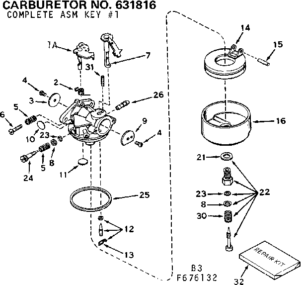 Carburetor Diagram and Parts List for 143676132  Craftsman Engine