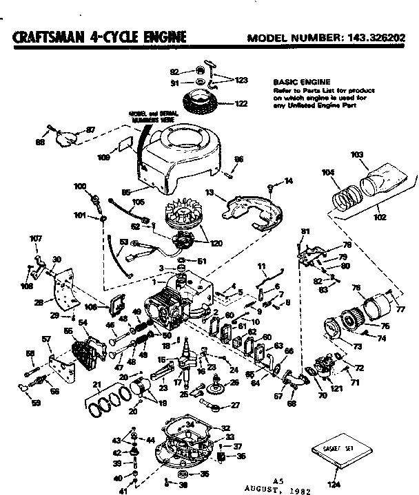 Replacement Parts Diagram and Parts List for 143326202  Craftsman Engine