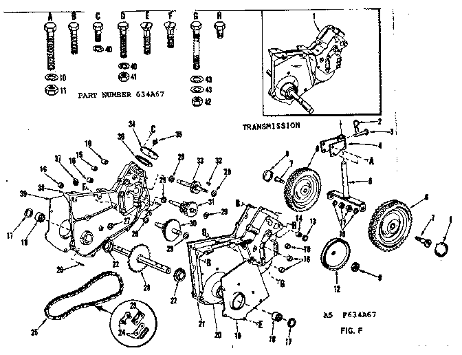 Transmission Diagram and Parts List for 91798350  Craftsman Tiller