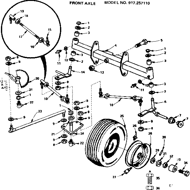 Front Axle Diagram and Parts List for 917257110  Craftsman Lawn Tractor
