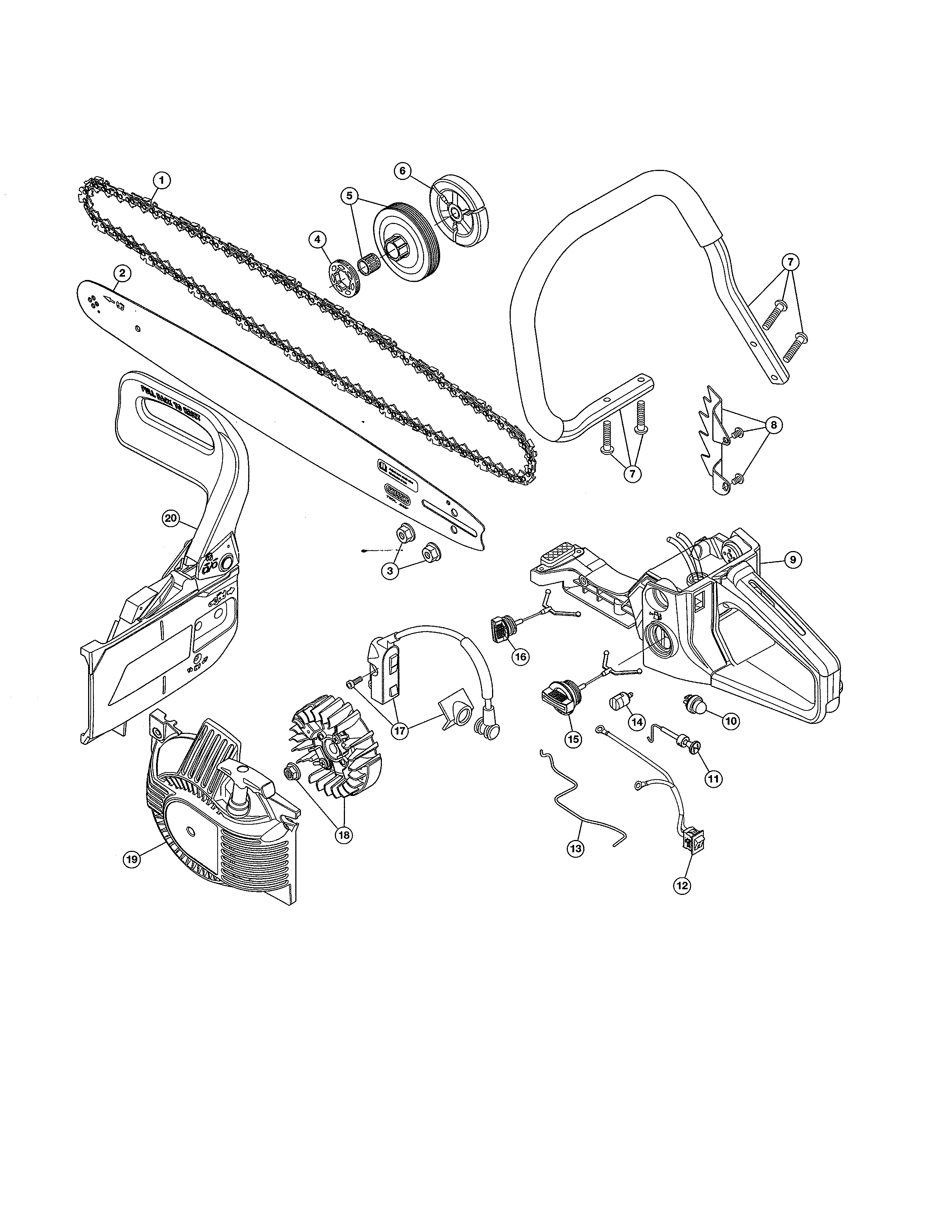 Handle/bar/chain Diagram and Parts List for 316380700  Craftsman Chainsaw