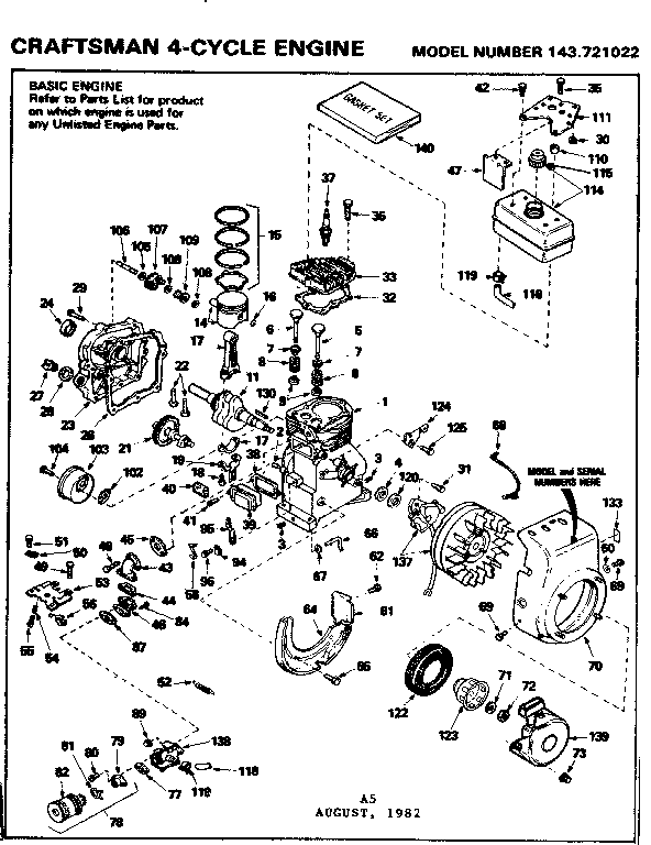 Replacement Parts Diagram and Parts List for 143721022  Craftsman Engine