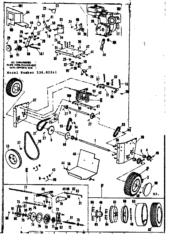 Engine And Wheel Assembly Diagram and Parts List for 53682241  Craftsman Snow Blower