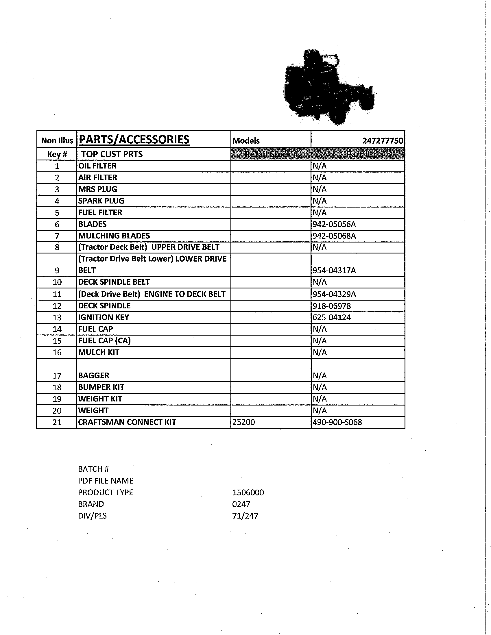 Top Customer Parts Diagram and Parts List for 247277750  Craftsman Engine